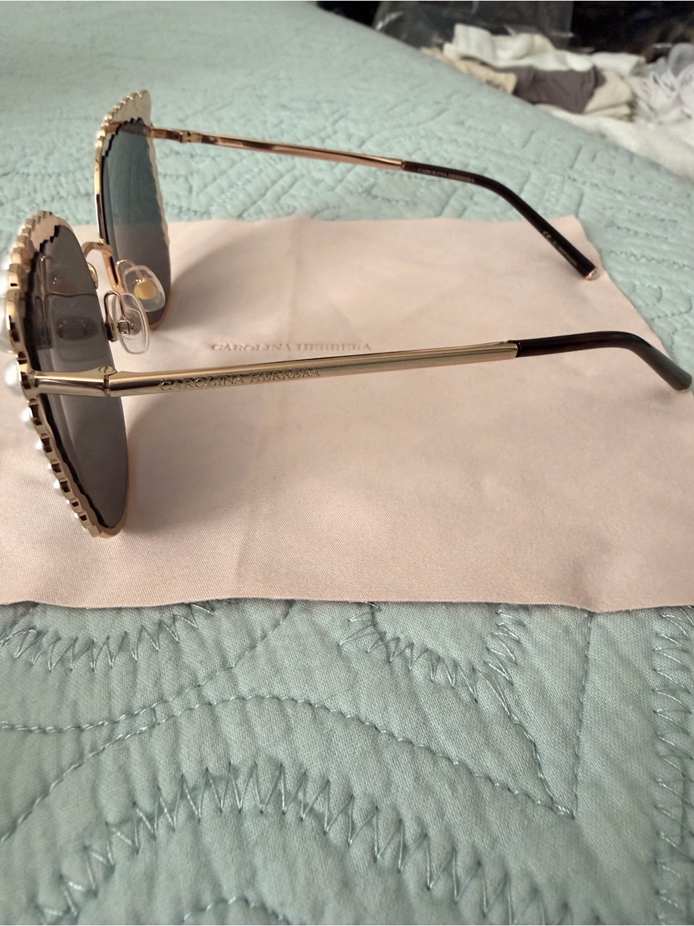 Carolina Herrera Gold Frame Sunglasses with Pearl Trim and Black Lenses - Picture 6 of 9